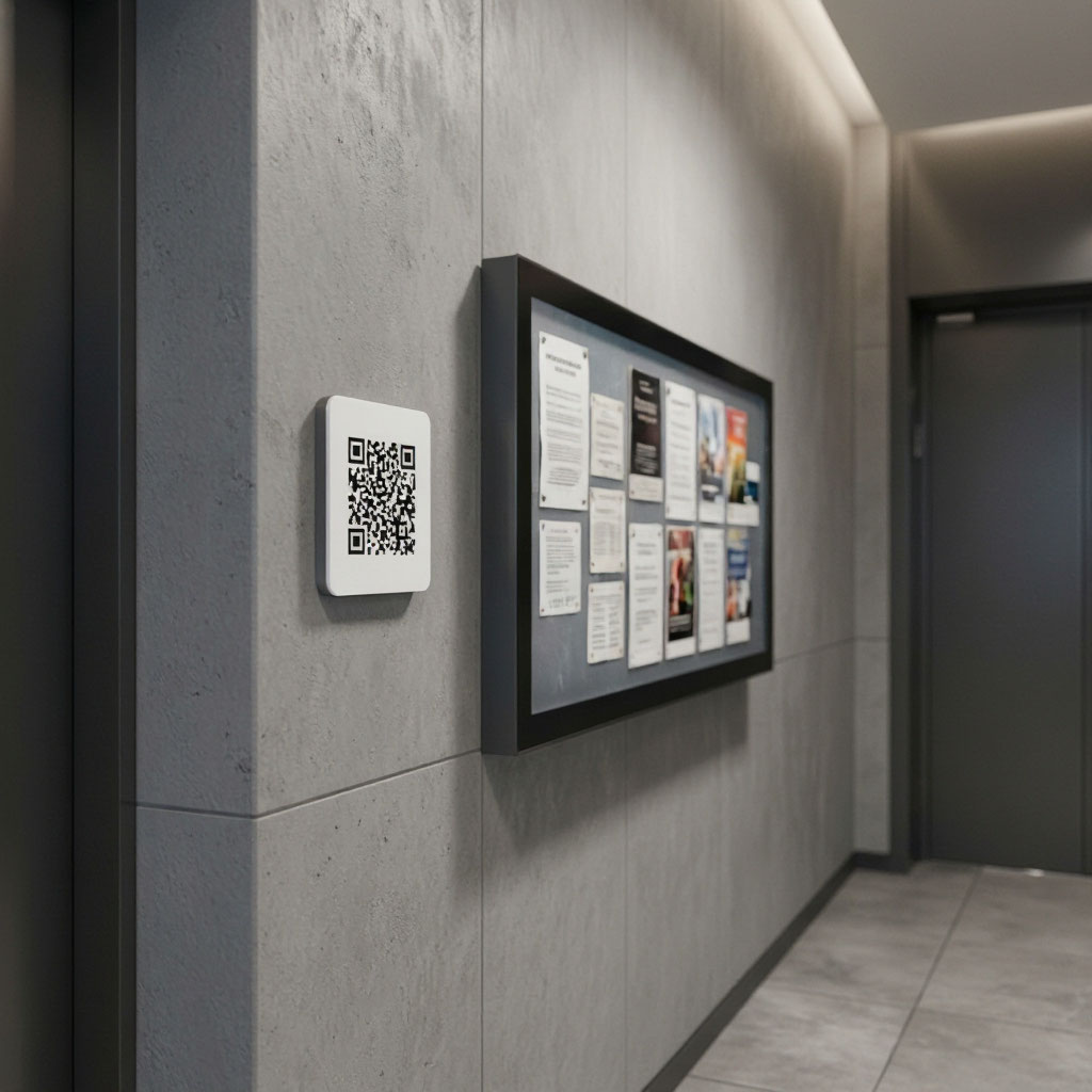 QR-код публичной формы обратной связи на стенде в подъезде многоквартирного дома рядом с информационной доской